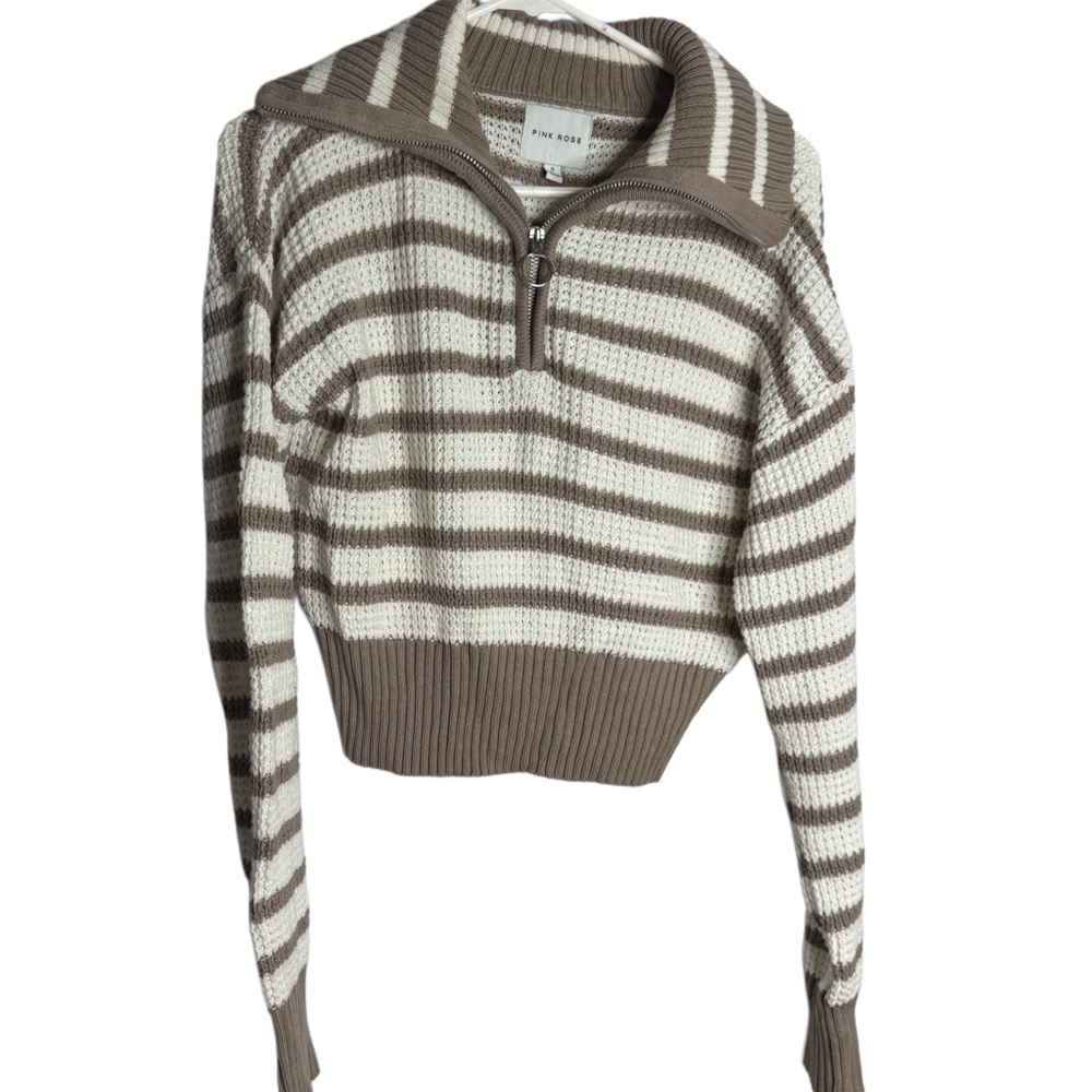 Pink Rose Brown and Cream Striped Turtleneck Sweater